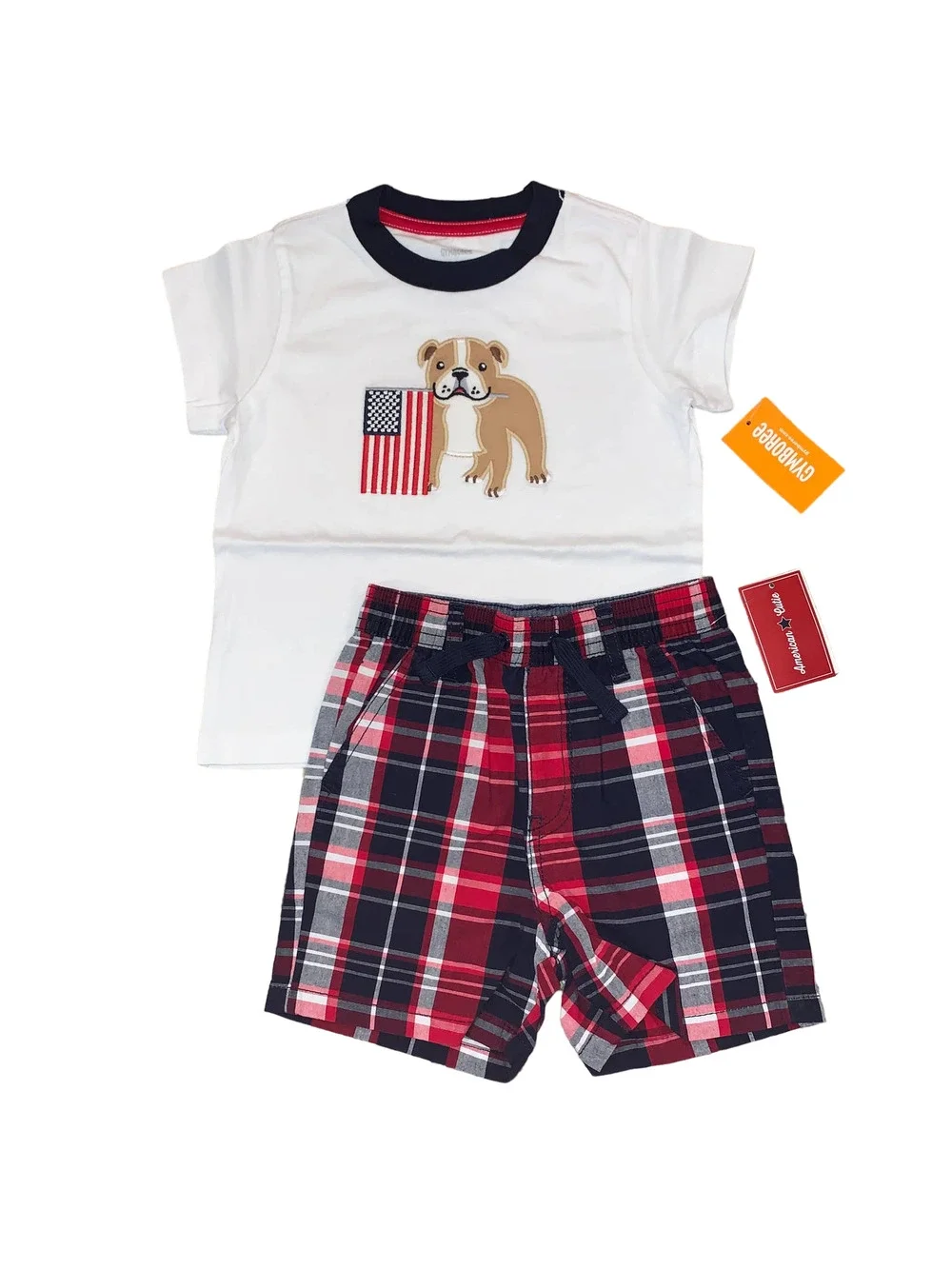 NWT Gymboree Boys Patriotic Bull Dog Applique Tee & Plaid Jogger Shorts -